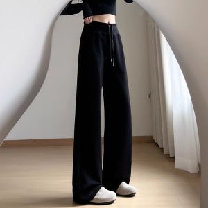 COD黑色高腰抽绳休闲运动裤女2025夏季新款高腰宽松显瘦小个子阔腿裤2026新品