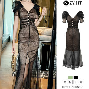 ZYHT Đầm Nước pháp thanh lịch tay áo phồng màu đen Mảnh mai đầm đuôi cá 20571