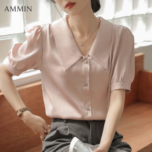 AMMIN ผ้าซาตินสำหรับผู้หญิงใหม่ฤดูร้อนผ้าซาตินแขนพองย้อนยุคเสื้อชีฟองเกาหลีอารมณ์แฟชั่นเสื้อหลวมร้อยแขนสั้นเสื้อผ้าชีฟอง