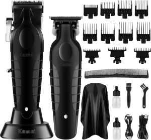 KEMEI Black Professional Hair Clippers and Trimmer Set Electric Hair Clippers for Men Cordless Barber Clippers T Blade Outliner Trimmer USB Rechargeable Haircut Clippers km-2296 km-2299