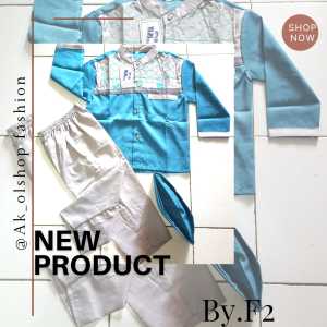 Baju muslim setelan koko anak laki laki terbaru lengan panjang bahan katun motif F2 bordir 1th-15th bonus peci