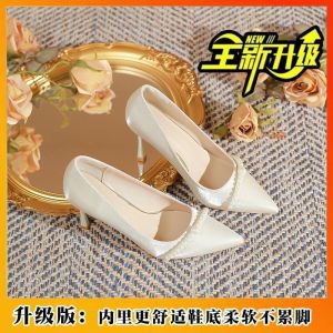 [Free Shipping] Thin-Heeled Pearl Buckle High Heels WomenS Bridesmaid Shoes Bridal Wedding Shoes Suitable For Everyday Wear