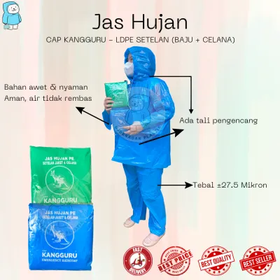 Jas Hujan LDPE Setelan Baju + Celana Cap Kangguru | Mantol | Mantel | Raincoat | Rain Cover | Bambu | Joji | Merah Putih | Rajawali | Hugo | Rainwalk | 99 | HCS