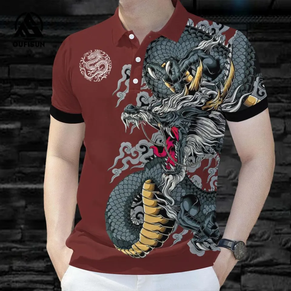 Vintage Men's POLO Shirt Dragon Pattern POLO Shirt Slim Short Sleeve Top  Men's Casual POLO Shirt