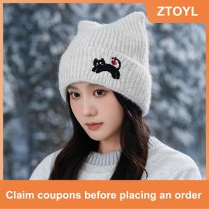 【ZTOYL】 Cat Ear Beanies Skullies Women Winter Warm Plush Cartoon Thermal Cap Korean Girl Outdoor Snow Pullover Hats