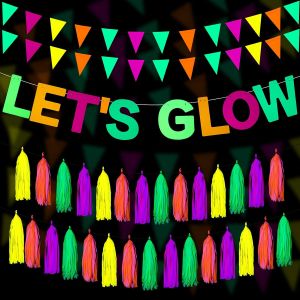 Outus Neon Party Supplies Includes Lets Glow Banner 20 Pieces Neon Paper Tassels and Neon Triangle Flag Glow in The Dark Party Supplies Bunting Party Hanging Decorations for Halloween Birthday Party
