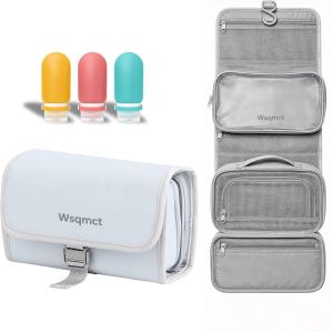 Hanging Travel Toiletry Bag for Women Makeup Cosmetic Bag Organizer with 3 Silicone Travel Bottles Detachable Pouch Waterproof Folding Compact Carry-on for Travel Bathroom Shower Apricot