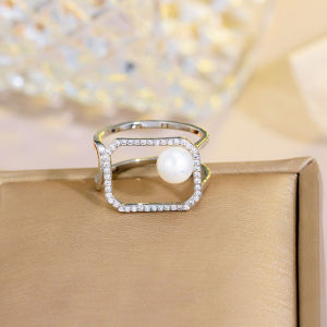 SEQUITO High Grade Silver Plated Hollow Out Rectangle with Pearl Adjustable Ring Paved Sparkly White AAA Cubic Zircon Personality Women Finger Jewelry for Costume Accessories SR057