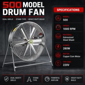 Portable Industrial Drum Fan with Wheels High Velocity Air Circulator for Factory Workshop Use Low Medium & High Speed Cooling Adjustable Airflow for Different Spaces and Cooling Needs