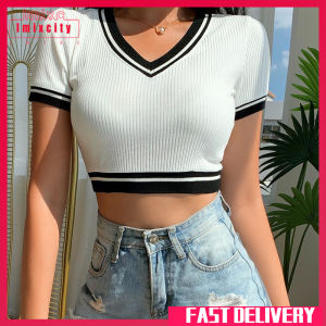 Imixcity Women Hot Cropped T Shirt Retro Knitted V-neck Pullover Tops Short-sleeved High-waisted Slim Fit Shirt