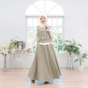 ZIVHA FASHION-Shakira Set 3in 1 Bahan Knit Florencia Mix Polo Linen Pakaian Muslim Atasan Dan Rok Anak Remaja Usia 9 10 11 12 13 14 15 Tahun Baju Anak Perempuan Lebaran 2025 Terbaru