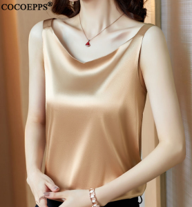 Áo cocoepps 2024 áo ba lỗ có dây cổ chữ V phong cách nữ mới Áo Thun Cơ Bản không tay đồ mặc ngoài Satin Lụa băng nữ