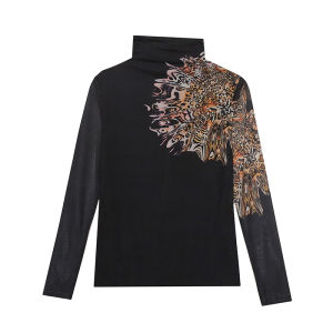 REHIN Womens top Autumn new slim fit high-neck fashion printing mesh long-sleeved T-shirt cotton blouse