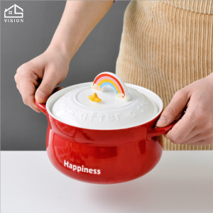 Vision Rainbow Ceramic Lovely Instant Noodles Bowl with Lid Japanese Student Dormitory Instant Noodles Bowl Creative Lunch Box with Cover Household 850ML Large Soup Bowl Microwave Oven Baking Bowl Non-Stick Oven Safe Bakeware Baking Bowl