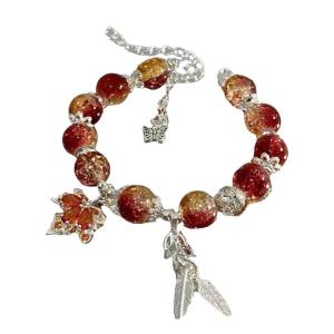 Fashionable Maple Leaf Bracelet with Butterfly Feather Charm Beaded Handchain for Women Friendship