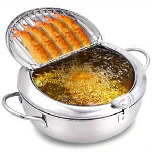 1pc Baijl Japanese-Style Deep Fryer Pot & Oil Drip Rack - 304 Stainless Steel Large Capacity Heavy-Tempura Frying Pan for Home Precise Temperature Control Ideal for Shrimp Fish Vegetables and More - Includes Clear Lid & Sturdy Rack