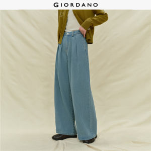 Giordano Women High waist pleated wide leg wash denim jeans Free Shipping 18415826