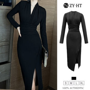 ZY·HT 2024 New Deep V Dress Female French Simple Narrow-Waisted Slit Slim Long Vintage Dinner Dress 6051 eravogue