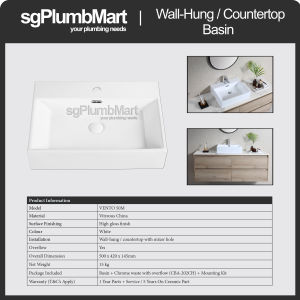 Rubine x sgPlumbMart  VENTO 50M  Wall Hung / Countertop Ceramic Basin 500x420x145mm Toilet Bathroom Basin Table Top Basin