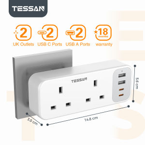 TESSAN Double Plug Adaptor with 4 USB(2 USB Type C) 2 Way Multi Plug Extension Adapter UK 13A Fuse Multiplug Sockets Power Extender for Home Kitchen Office School Supplies