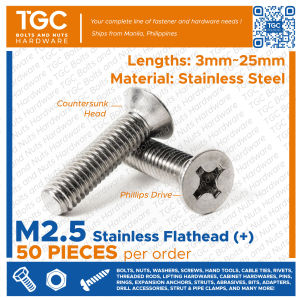 TGC 50PCS M2.5 x 3~25mm SS Flathead Phillips Drive / SUS Countersunk JF Bolt / Stainless Flat Head Machine Bolt