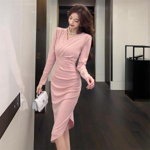 Impression Fashion Women Elegant Korean Shiny V-neck Long Sleeve Bodycon High Waist Irregular Midi Dress