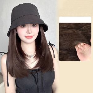 YOYO CHARMING Synthetic Fisherman Hat Wig Bucket Hat Hairpiece Short Straight Hair Hat Wigs Simple Hip Hop Summer Sunshade Cap Wig Women