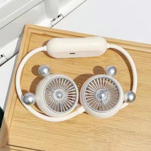 YASE USB หมีฟองครีมหมี Nerd พัดลมคล้องคอแบบพกติดตัวชาร์จได้พัดลมชาร์จไฟได้ดิจิตอลการ์ตูนสำนักงาน