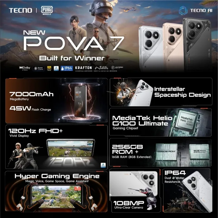TECNO POVA 7 Smartphone | 8GB+256GB / 8GB+128GB | MTK Helio G100 ...