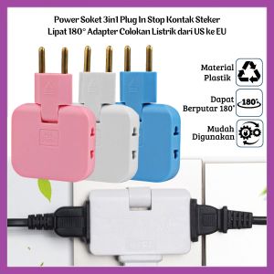 Power Soket 3in1 Plug In Stop Kontak Steker Lipat 180° Cabang 3 Colokan Sambungan Adapter Travel Stecker Folding Socket Converter from US to EU - FR GALLERY
