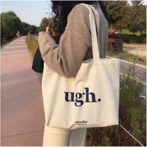 Japanese Style Canvas Tote Bag for Women - Large Zippered Shoulder Bag with Trendy Prints