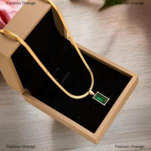 [COD] Fashion Change 1Set Stainless Steel Rectangle Green Zircon Pendant Necklace Earrings For Women Fashion Party Jewelry Set