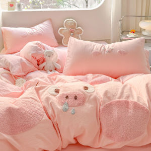 ins Solid Color Cute Pig Towel Embroidered Washed Cotton Bedding Set Four-Piece Set Duvet Cover Bed Sheet Student Dormitory Three-Piece Set LZD