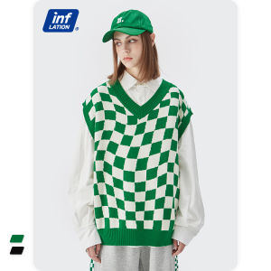 INFLATION brand girl lady autumn 2023 new checkered black green checkerboard knit sweater with vest and couple sweater