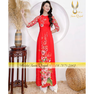 Áo Dài Lụa Habutai Truyền Thống Hoạ Tiết Hồng Trà K84 Đỏ - Áo Dài Xuân Quỳnh