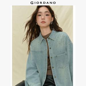 Giordano Women Rhinestones single pocket denim shirt Free Shipping 18345830