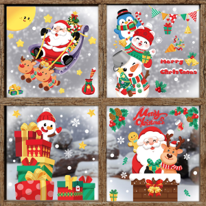 COMBO-Decal trang trí NOEL HÍT TĨNH ĐIỆN - Ông già noel đánh xe tuần lộc và các bé đáng yêu (4 tấm)-CDN105