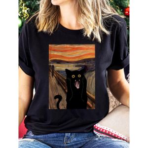 [Local Stock] VCC  Scared Cat Print Crew Neck Womens T-shirt Casual Short Sleeve Top for Spring & Summer Y2k Top Womens Summer Cotton Clothing