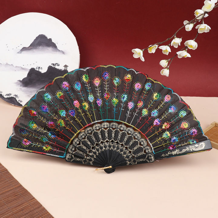 [Dream edges] Silk Fan Folding Fan Wedding Art Gifts Peacock Sequin ...