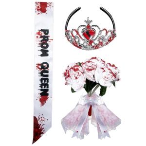 ชุดเดรสราตรีเปื้อนเลือดสำหรับงานฮาโลวีนงานพรอมชุดพระราชินีชุดกระโปรงราชินีมีสายคาดศีรษะอุปกรณ์แต่งตัวงานปาร์ตี้