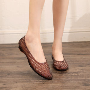 [Free Shipping] Fashionable pointed-toe jelly shoes versatile hollow-out Korean crystal sandals womens slip-on flat shoes