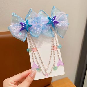 LITTLEX Cute Hair Clip Mermaid Pearl Sweet Tassel Forehead Chain Fashion Creative Bow Accessories for Children