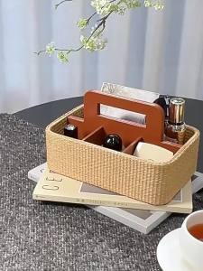 FFBH Multi Function Storage Baskets Natural Straw Bin Carry Handle Case Luxury Household Bedroom Tabletop Living Room Sundry Storage 9R3H1