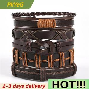PkYeG Vinatge Gothic Punk Skull Star Metal Multilayer Leather Men Bracelets & Bangles