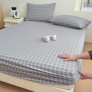 Japanese Style 100% Cotton Plaid Fitted Sheet Soft Skin Friendly Queen King Mattress Cover Deep Pocket Elastic Sheet Pillowcases2026