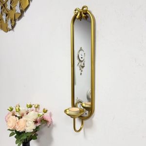 Sacesr Wall Decorative Mirrors Retro Bedroom Makeup Mirror Golden Multifunctional Iron Frame Candle Holder Luxurious Flower Stand 4Y1Z7