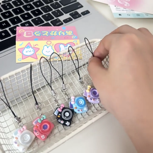 Playful Macaron Camera Charm Keyring Compact 9cm Resin Ornament Multiple Color Option Phone Chain for Daily Use