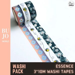 BujoWorld 3 Rolls 10m Washi Tapes - ESSENCE - Decorative Adhesive Masking Tapes - Bees Silver Flower White Jasmine on Night Blue Washi tapes -Bullet Journal Planners Photo Albumn scrapbook Gift wrapping Glass decor Kids project