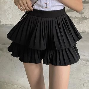 Womens Layered Skirt Korean Fashion Lined Safety Pants Dance High Waist Solid Color Elastic Waist Casual Pleated Short Skirt