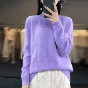 Autumn and Winter Semi-Turtleneck Womens Clothing 100% Mink Cashmere Sweater Women Knitted Pullover Checkered Long-Sleeved Tops